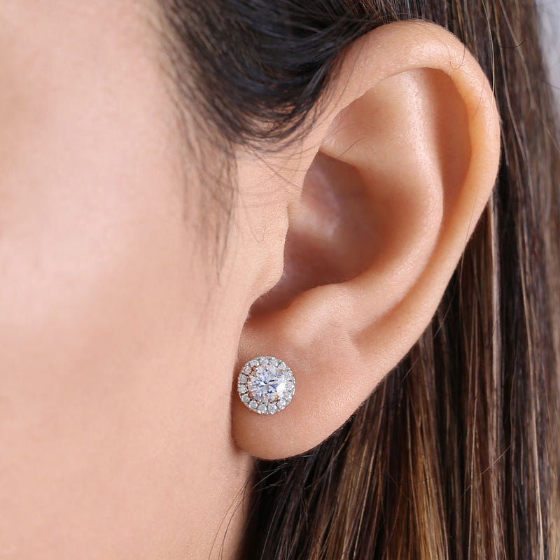 Solid 14K White Gold Simple Halo Round CZ Earrings