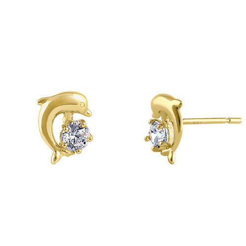Solid 14K Yellow Gold Jumping Dolphin Earrings