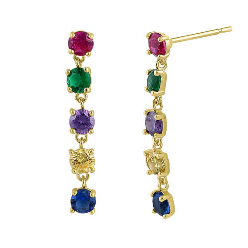 Solid 14K Yellow Gold Dangle Rainbow CZ Earrings