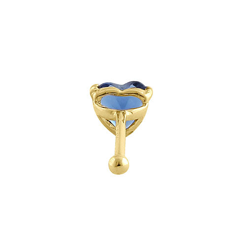 Solid 14K Yellow Gold Blue Sapphire Heart CZ Straight Nose Stud