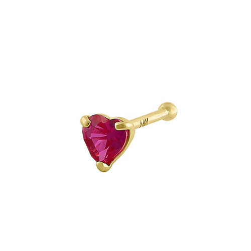 Solid 14K Yellow Gold Ruby Heart CZ Straight Nose Stud