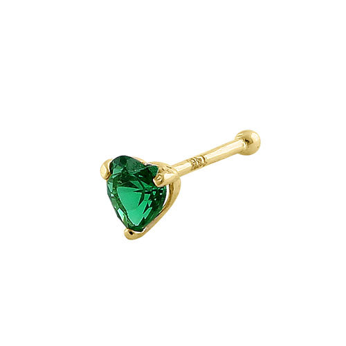 Solid 14K Yellow Gold Green Heart CZ Straight Nose Stud