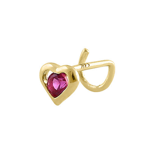 Solid 14K Yellow Gold Heart Ruby CZ Hook Nose Stud