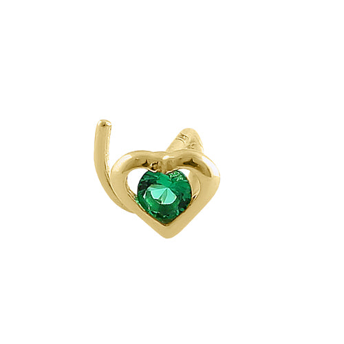 Solid 14K Yellow Gold Heart Green CZ Hook Nose Stud