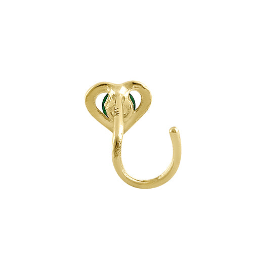 Solid 14K Yellow Gold Heart Green CZ Hook Nose Stud