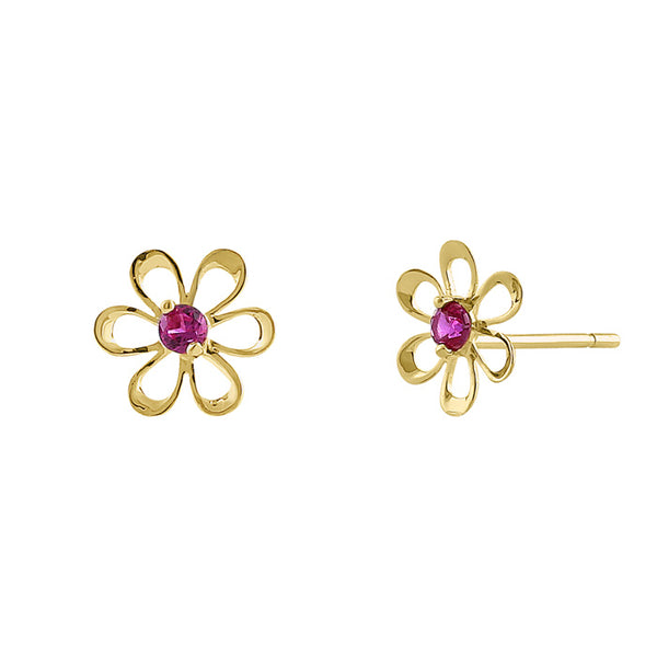 Solid 14K Yellow Gold Retro Flower Ruby CZ Earrings