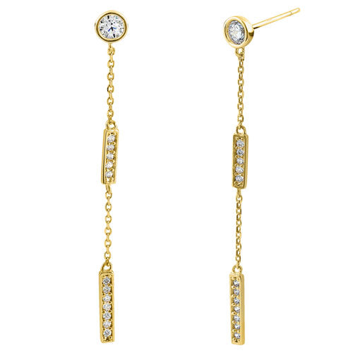 Solid 14K Yellow Gold Rectangular Bar CZ Dangle Earrings