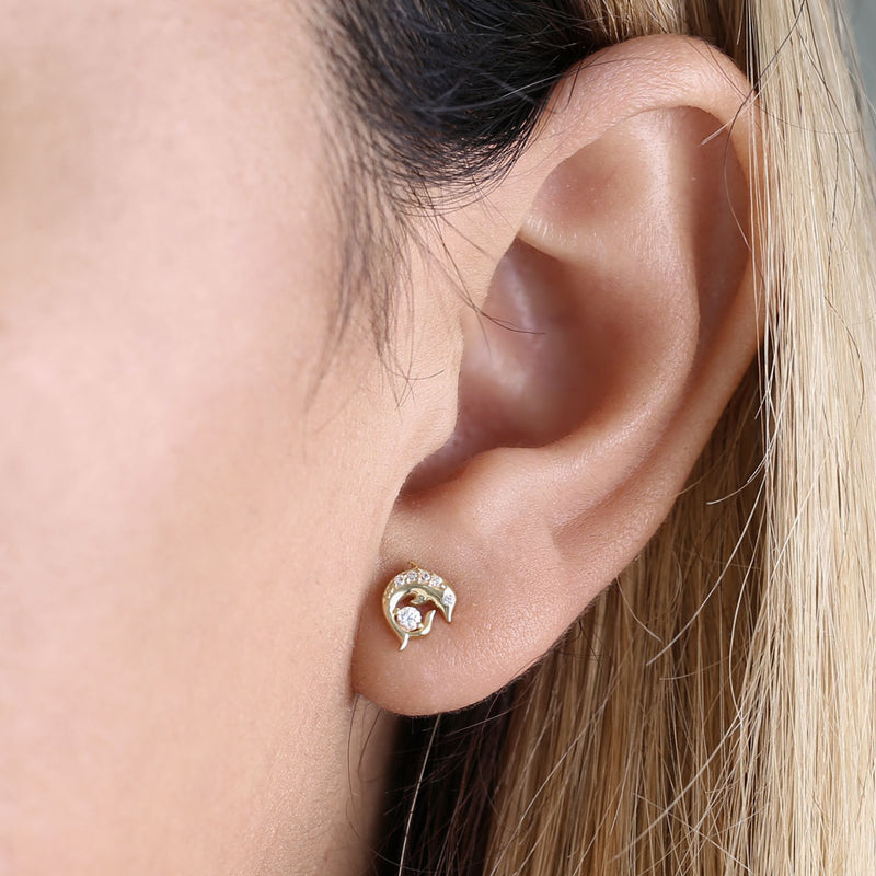 Solid 14K Yellow Gold Leaping Dolphin CZ Earrings