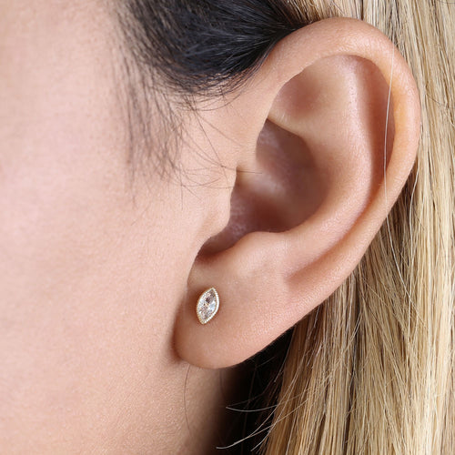 Solid 14K Yellow Gold Marquise CZ Stud Earrings