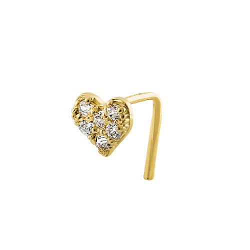 Solid 14K Yellow Gold Heart L-Hook CZ Nose Stud