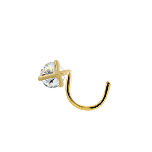 Solid 14K Yellow Gold Round U-Hook CZ Nose Stud