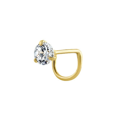 Solid 14K Yellow Gold Round U-Hook CZ Nose Stud