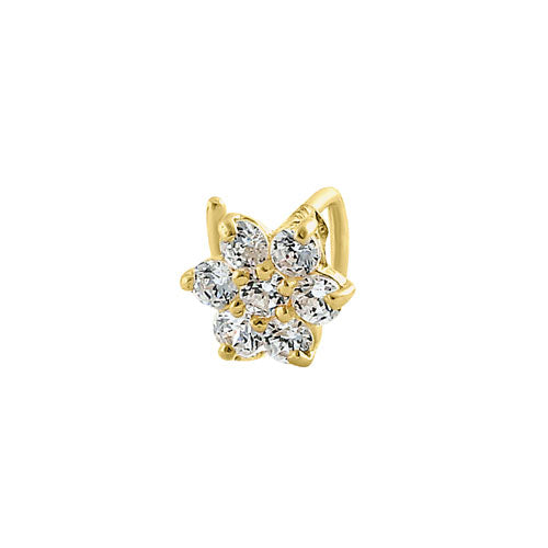 Solid 14K Yellow Gold Flower U-Hook CZ Nose Stud