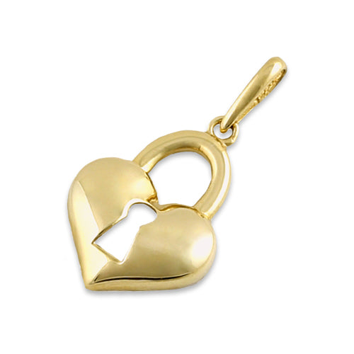 Solid 14K Yellow Gold Heart Lock Pendant