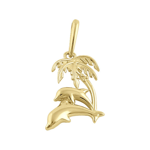 Solid 14K Yellow Gold Palm Tree and Dolphins Pendant