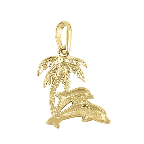 Solid 14K Yellow Gold Palm Tree and Dolphins Pendant