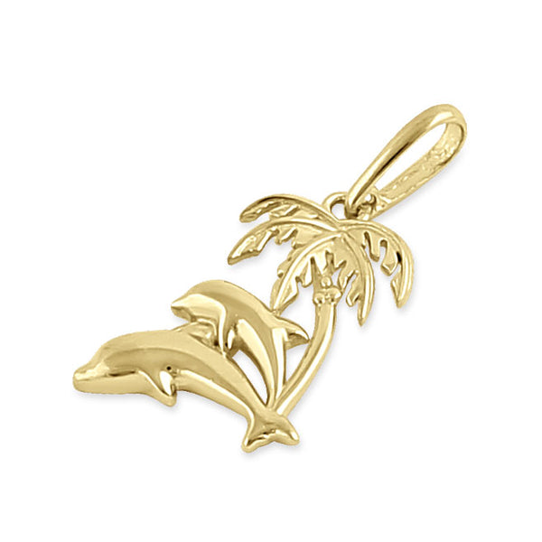 Solid 14K Yellow Gold Palm Tree and Dolphins Pendant