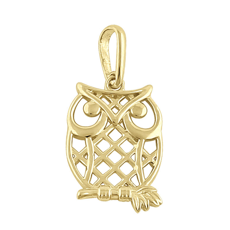 Solid 14K Yellow Gold Trendy Owl Pendant