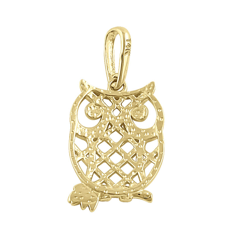 Solid 14K Yellow Gold Trendy Owl Pendant