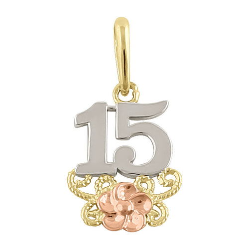 Solid 14K Triple Tone Gold Sweet 15 Pendant