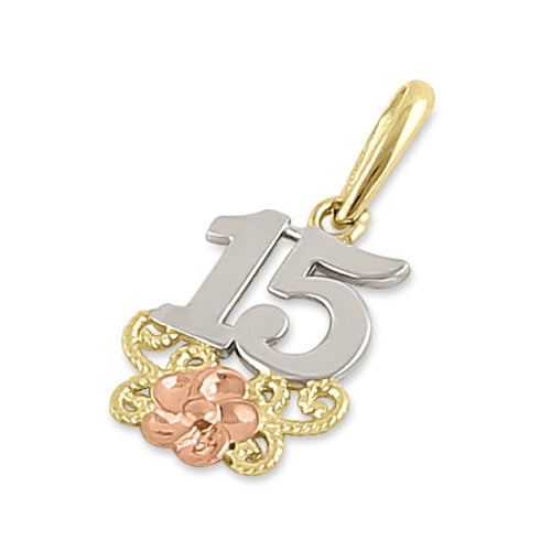 Solid 14K Triple Tone Gold Sweet 15 Pendant