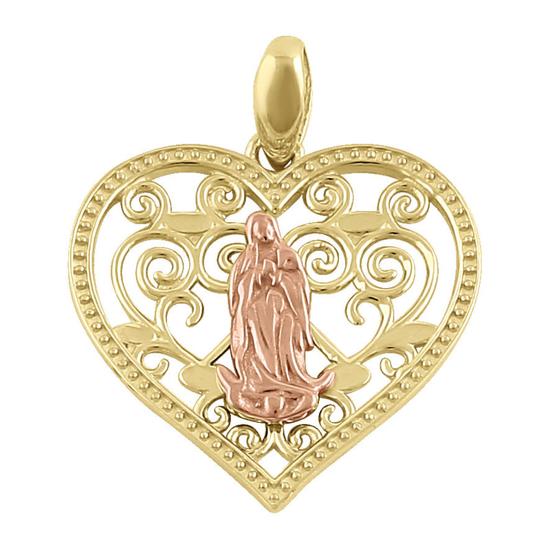 Solid 14K Yellow Gold Virgin Mary Heart Pendant