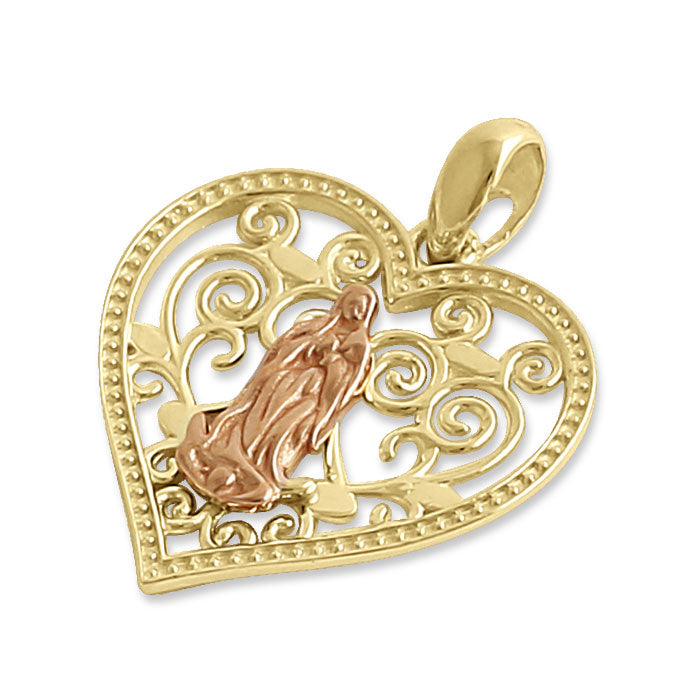 Solid 14K Yellow Gold Virgin Mary Heart Pendant