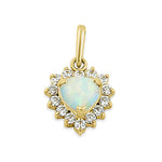 Solid 14K Yellow Gold White Opal & Clear CZ Halo Heart Pendant