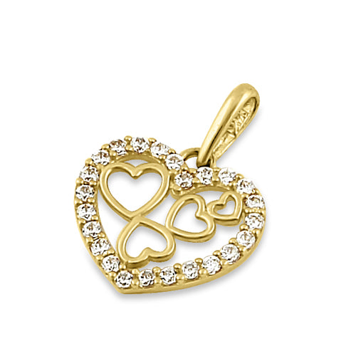 Solid 14K Yellow Gold Quintuple Clear CZ Heart Pendant