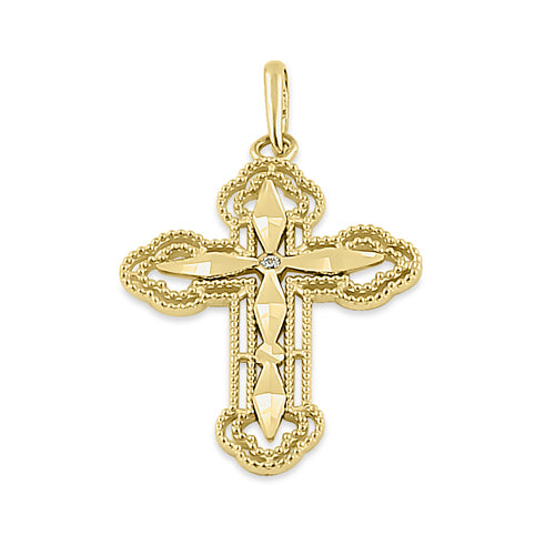 Solid 14K Yellow Gold Antique Diamond Cut Cross Pendant
