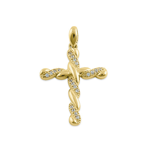 Solid 14K Yellow Gold Twist Cross CZ Pendant