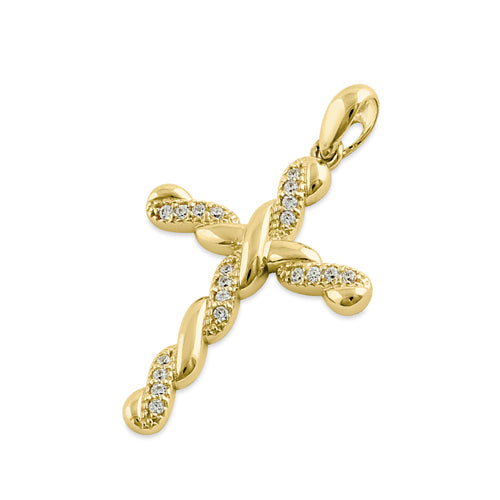 Solid 14K Yellow Gold Twist Cross CZ Pendant