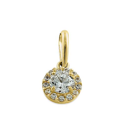 Solid 14K Yellow Gold Round Halo CZ Pendant
