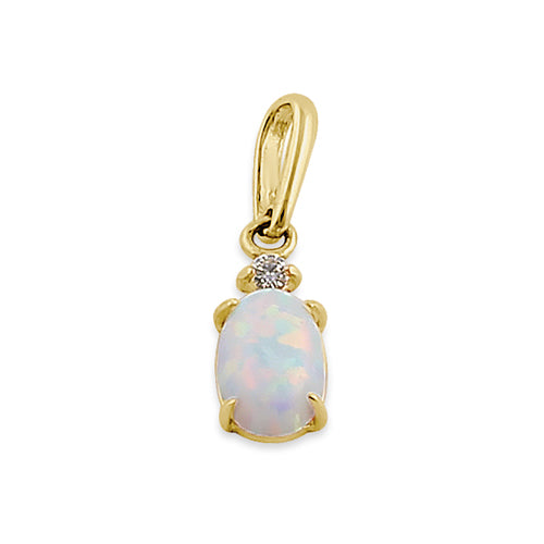 Solid 14K Yellow Gold White Opal and Clear CZ Oval Pendant
