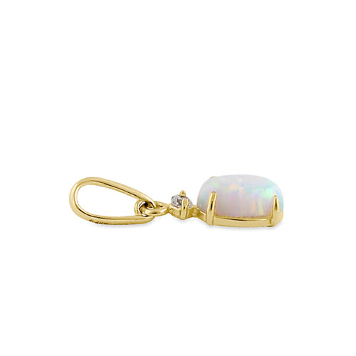 Solid 14K Yellow Gold White Opal and Clear CZ Oval Pendant