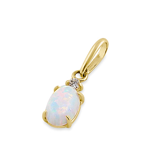 Solid 14K Yellow Gold White Opal and Clear CZ Oval Pendant