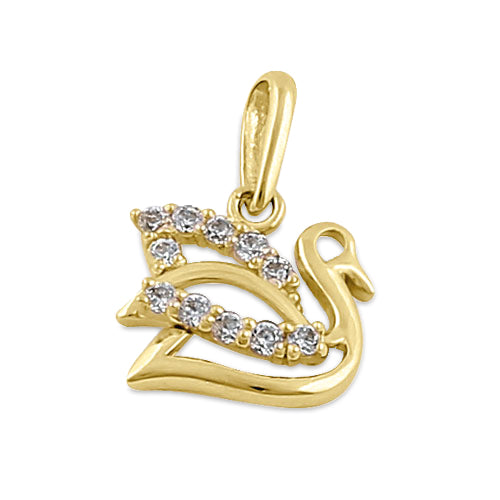 Solid 14K Yellow Gold Clear CZ Swan Pendant