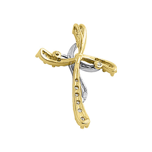 Solid 14K Yellow & White Gold Blessed Cross Round CZ Pendant