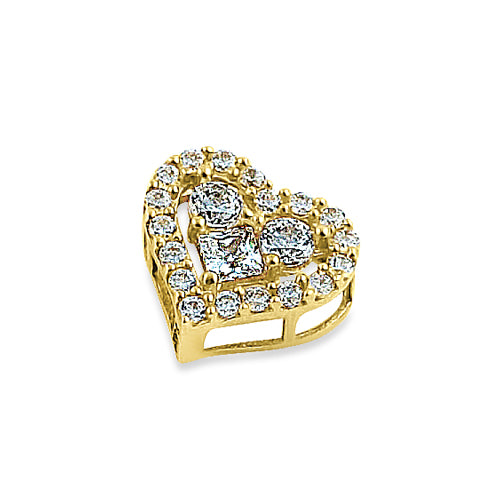 Solid 14K Yellow Gold Sparkle Heart Round & Princess Cut CZ Pendant