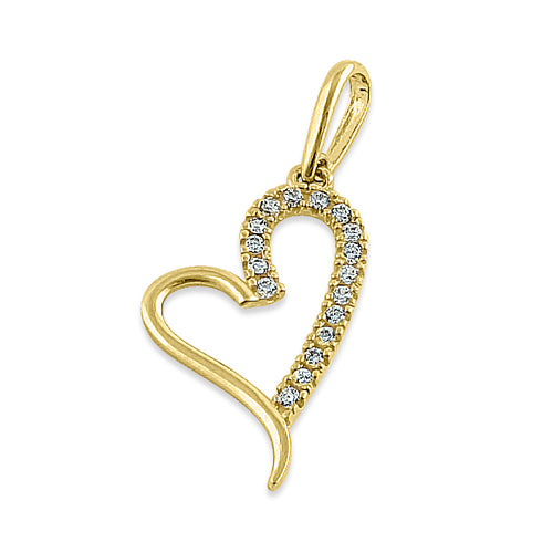 Solid 14K Yellow Gold Curvy Heart Round CZ Pendant