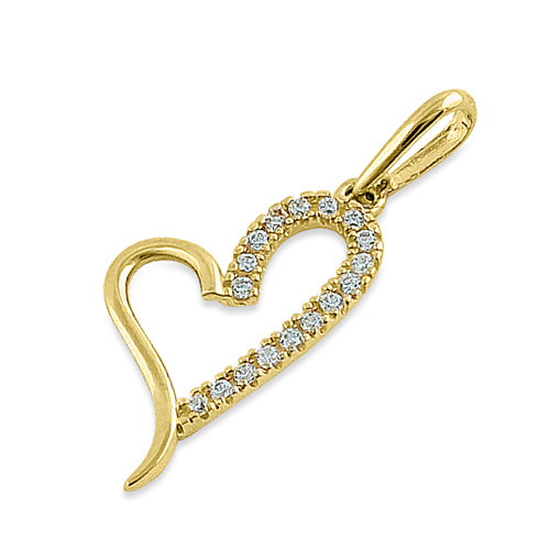 Solid 14K Yellow Gold Curvy Heart Round CZ Pendant