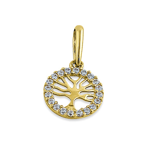 Solid 14K Yellow Gold Tree of Life Round CZ Pendant