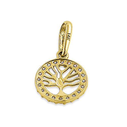 Solid 14K Yellow Gold Tree of Life Round CZ Pendant