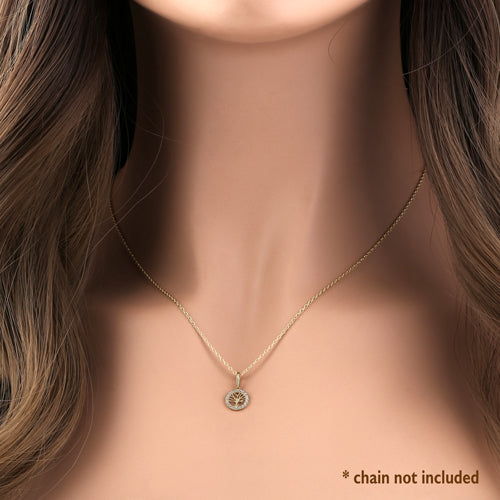 Solid 14K Yellow Gold Tree of Life Round CZ Pendant