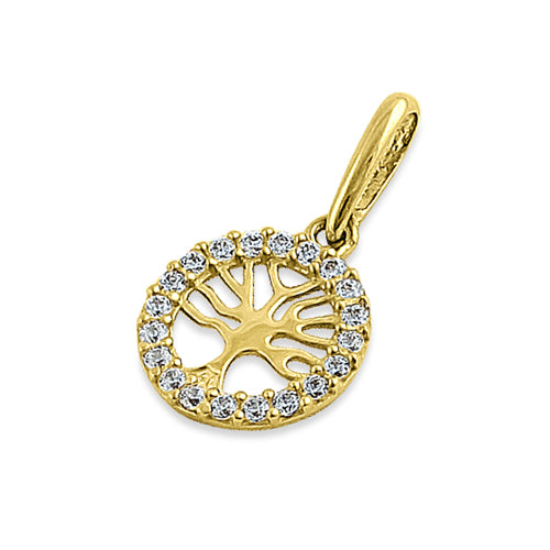 Solid 14K Yellow Gold Tree of Life Round CZ Pendant