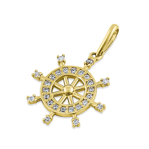 Solid 14K Yellow Gold Ship's Wheel CZ Pendant