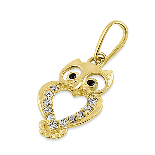 Solid 14K Yellow Gold Owl Black CZ Pendant