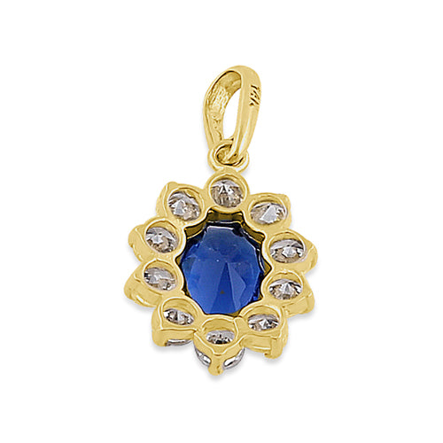 Solid 14K Yellow Gold Oval Blue Sapphire CZ Pendant