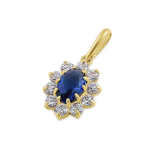 Solid 14K Yellow Gold Oval Blue Sapphire CZ Pendant