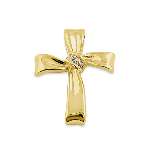 Solid 14K Yellow Gold Ribbon Cross CZ Pendant